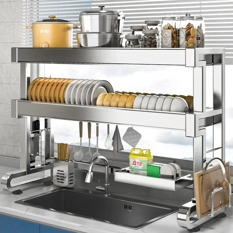 304 Stainless Steel Sink Storage Rack 2 Layers Kitchen Shelf Multifunctional Bowl Dish Drain Basket Space Saving Organize Shelf