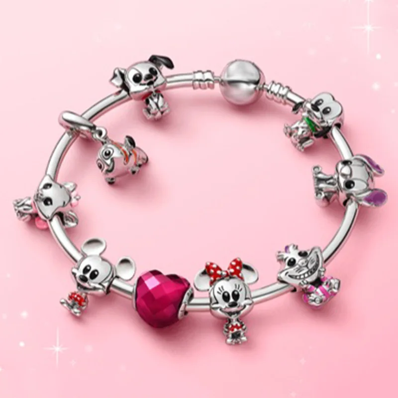 Fine Disney Anime Cartoon Charms Mickey Mouse Bracelet for Women Jewelry Rose Cheshire Cat Stitch Minnie Beads Girls Bangle Gift