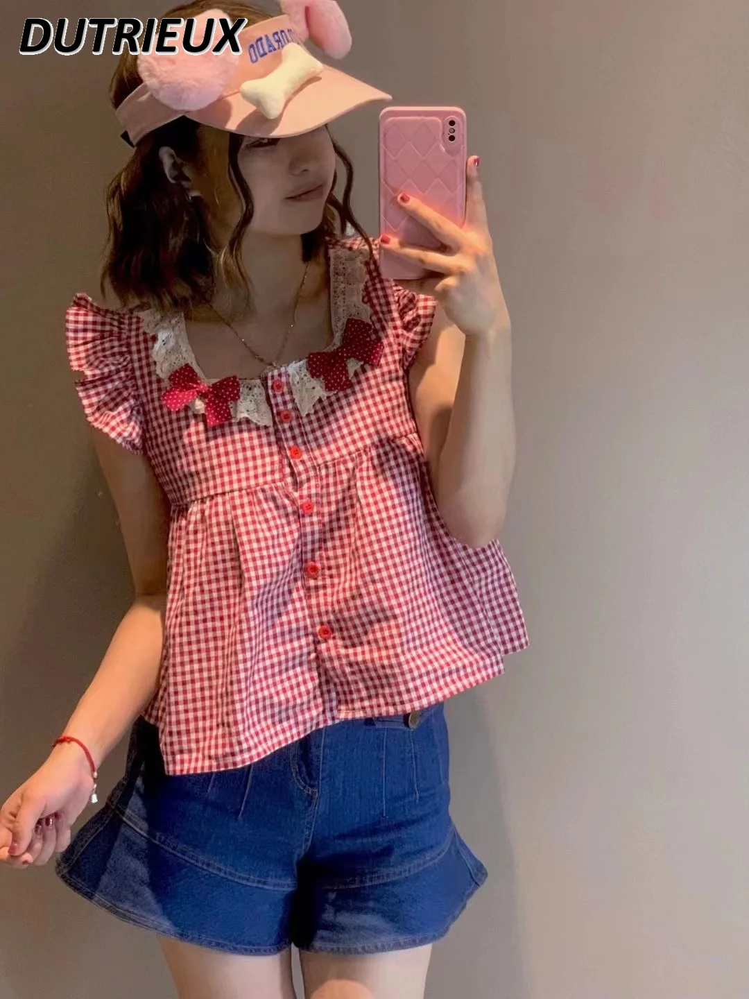 

Japanese Original Design Summer Sweet Girls Plaid Shirt Flying Sleeves Cute Bow Single-Breasted Sleeveless Tops for Women