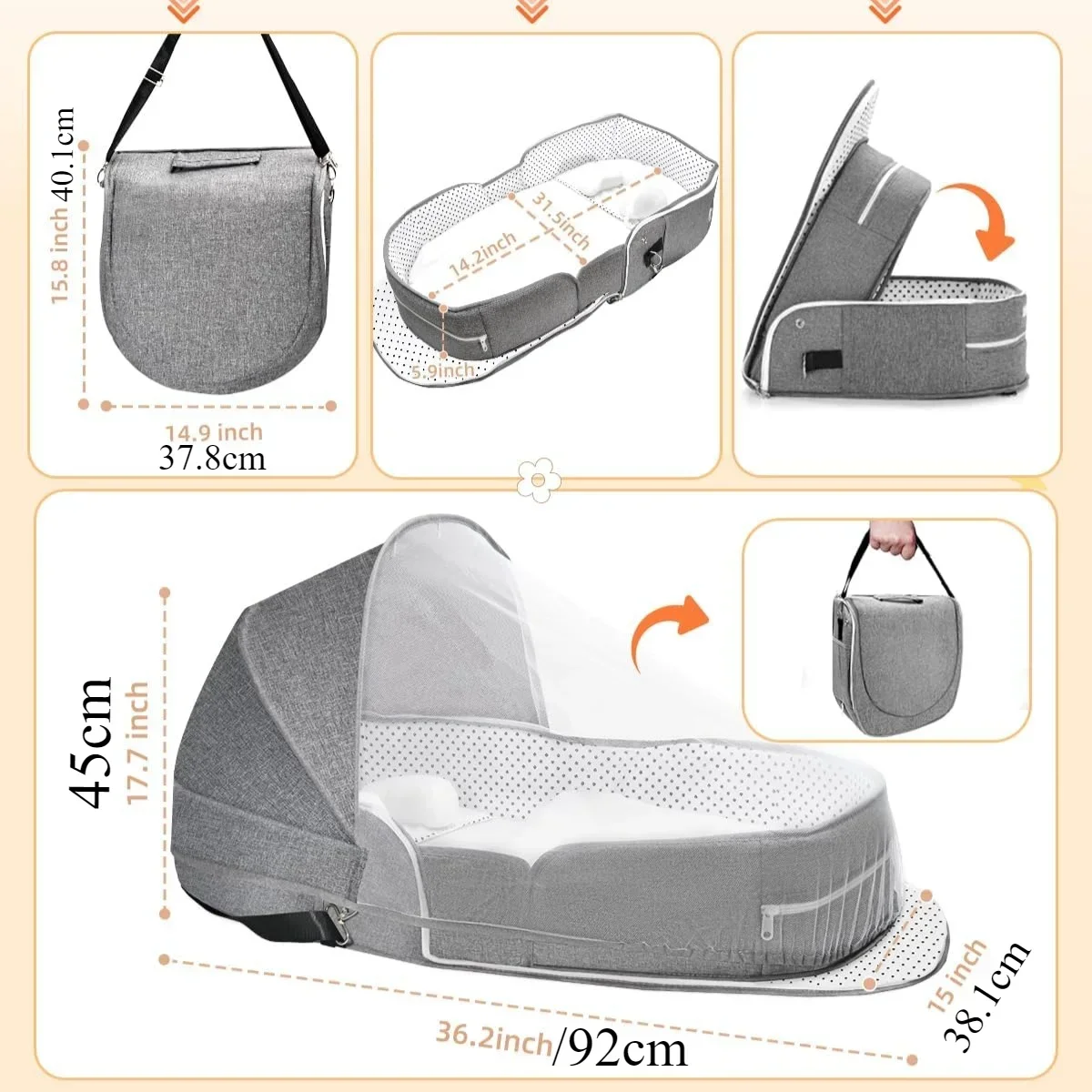 Baby Travel Bassinet Bed in Bed Portable Bassinet Foldable Lightweight Travel Pod Infant Co-Sleeper Bed with Mosquito & Canopy