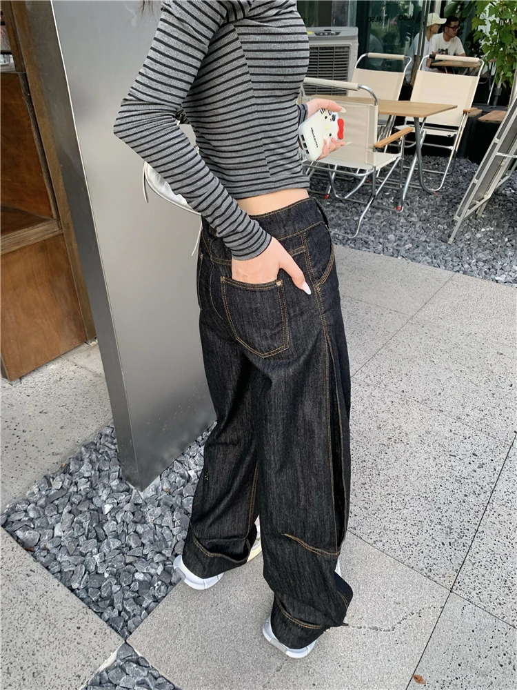 Benuynffy-Jean baggy rétro américain pour femme, pantalon en denim taille haute, jambe large droite, streetwear