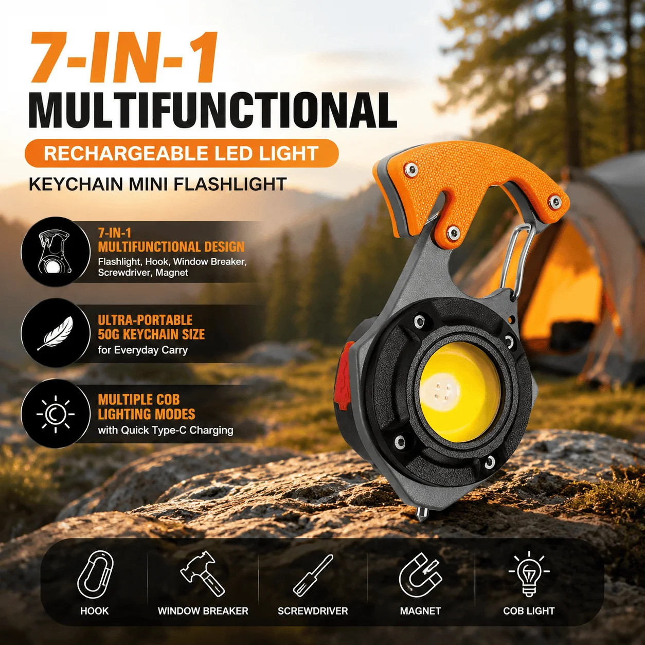 7 In 1 Keychain Flashlight Multifunctional Camping Edc Torch Cob Light Rechargeable Magnetic Emergency Tool Outdoor Hiking Gear