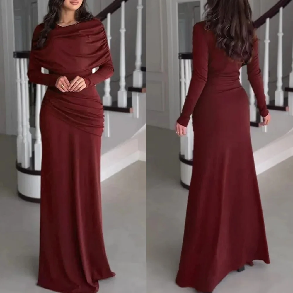 

Customized High Quality Simple Jersey Ruched Pleat Straight Scoop Neck Long Dresses Bespoke Occasion Dresses Sizes Available