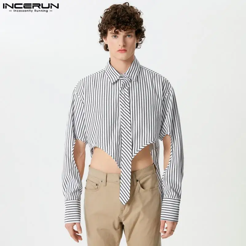 2024 Men's Striped Shirt Lapel Long Sleeve Hollow Out Streetwear Male Irregular Shirts Fashion Casual Crop Tops S-5XL INCERUN