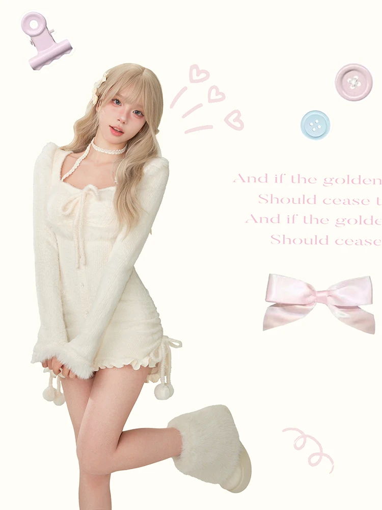 RORORIRI Lolita White Plush Knit Mini Dress Women Winter Pom Pom Drawstring Bowknot Backless Bodycon Frill Trim Desire One-piece