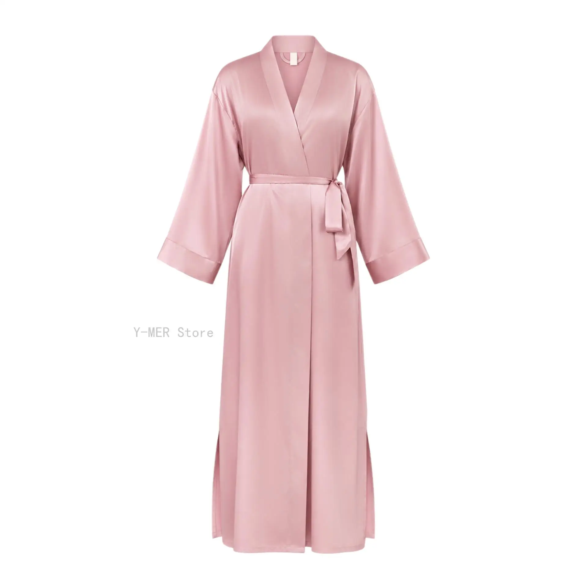 Women Ice Silk Long Morning Gown, European American Style V Neck Tie Waist Solid Color Simple Bathrobe Loungewear Spring Autumn