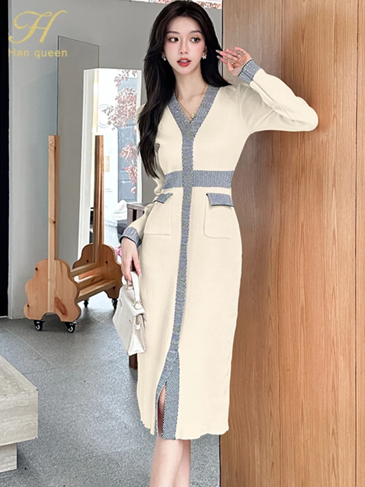 H Han Queen Autumn Winter Women Color Clash Simple Vintage Dresses Office Casual Dress Elegant Slim Bottoming Knit Midi Vestidos