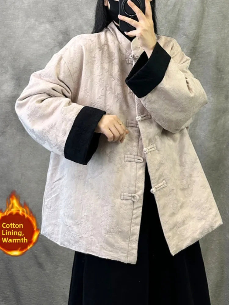 

Утепленное хлопковое женское зимнее пальто в стиле Тан с вышивкой лотоса, на пуговицах, с воротником-стойкой, традиционное китайское теплое пальто