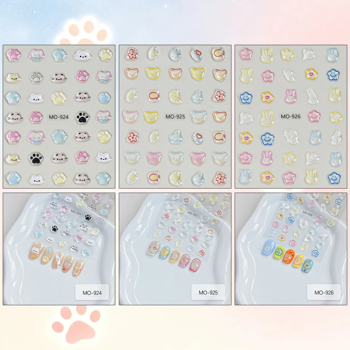 3 to 12 Sheets 5D Kawaii Cat Paw Rabbit Bear Jelly Embossed Self-Adhesive Cute Cartoon Animal Flower Nail Art Stickers