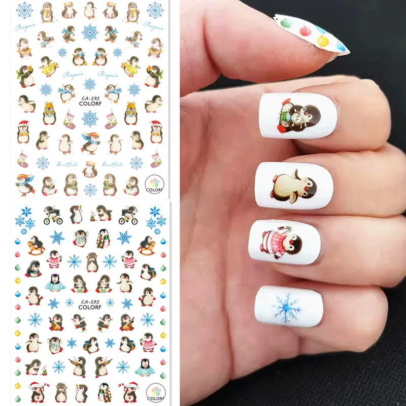 Newest Penguin Winter Design 3D Back Glue decal stamping DIY Decoration Tips Nail Sticker CA 592 593