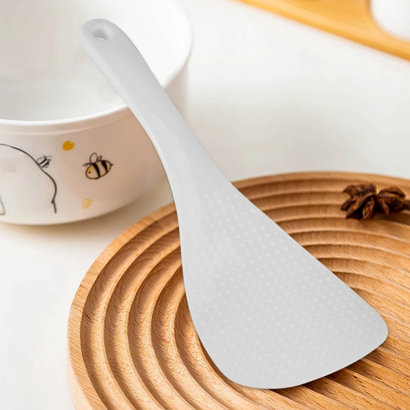 AD30-Kitchen Dotted White Plastic Flat Rice Scoop Paddle Meal Spoon