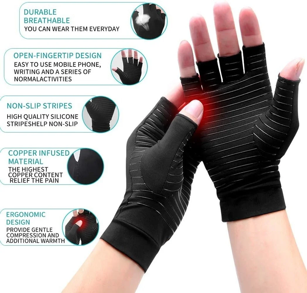 1Pair Copper Compression Arthritis Gloves Fingerless for Carpal Tunnel, RSI, Rheumatoid, Tendonitis, Hand Pain, Computer Typing