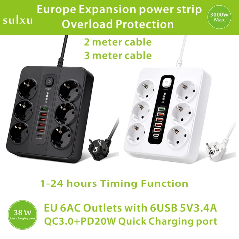 

EU power socket with Overload Protection and timing function, 6AC Outlets+6USB, with PD20W+QC3.0 Fast Charging port power strip