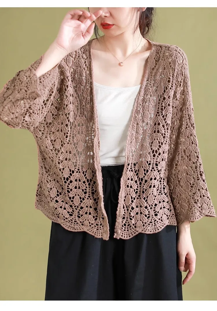 Literary and Art Retro New Cotton Stir fried Color Knitted Cardigan Women\'s Summer Hollow Shawl Coat Top