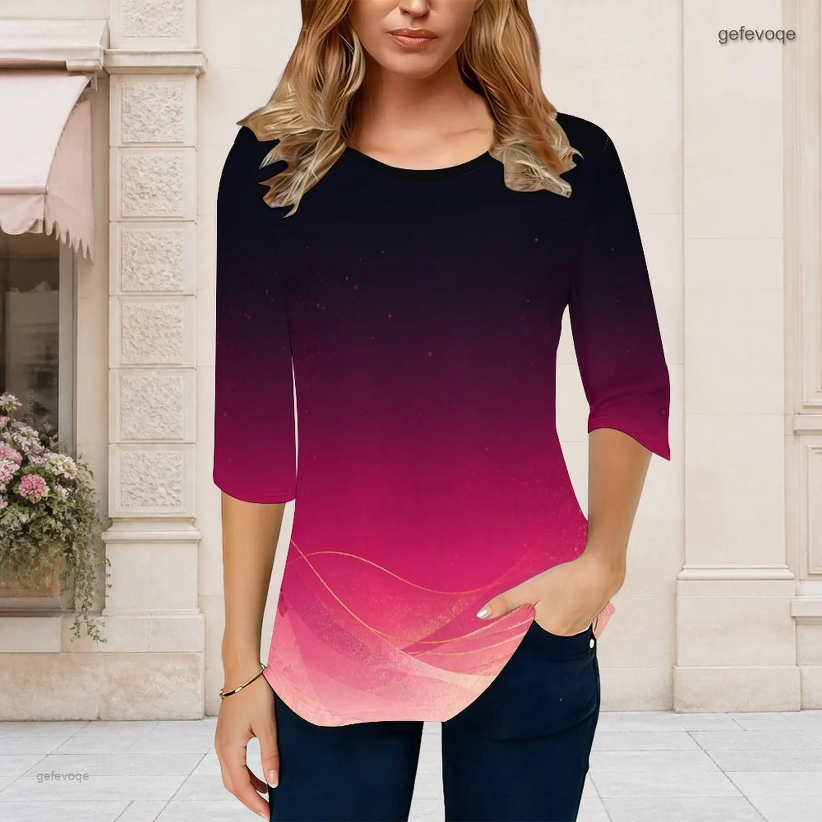 Women Abstract Swirl Printed Round Neck 3/4 Sleeve Curved Hem Top