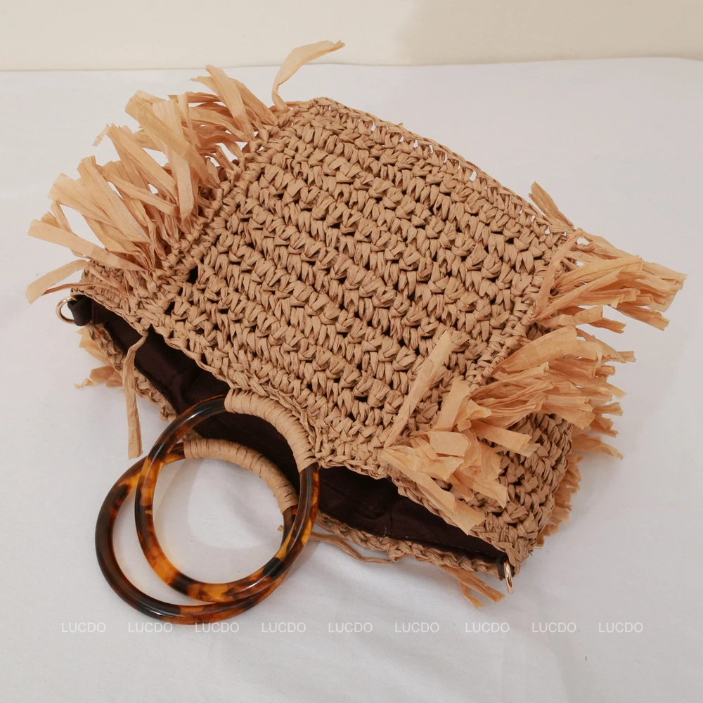 Beach Raffia Rattan Woven Handbags for Women 2024 Tassels Amber Circle Acrylic Handle Shoulder Clutch Designer Summer Straw Bags