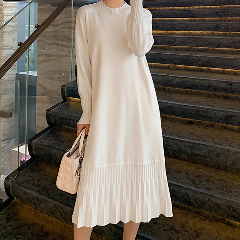 

Women Autumn Sundress Pullovers Casual Loose Vestidos 2023 Elegant Long Sleeve Dresses Solid Color Mid Calf Dress Office Lady