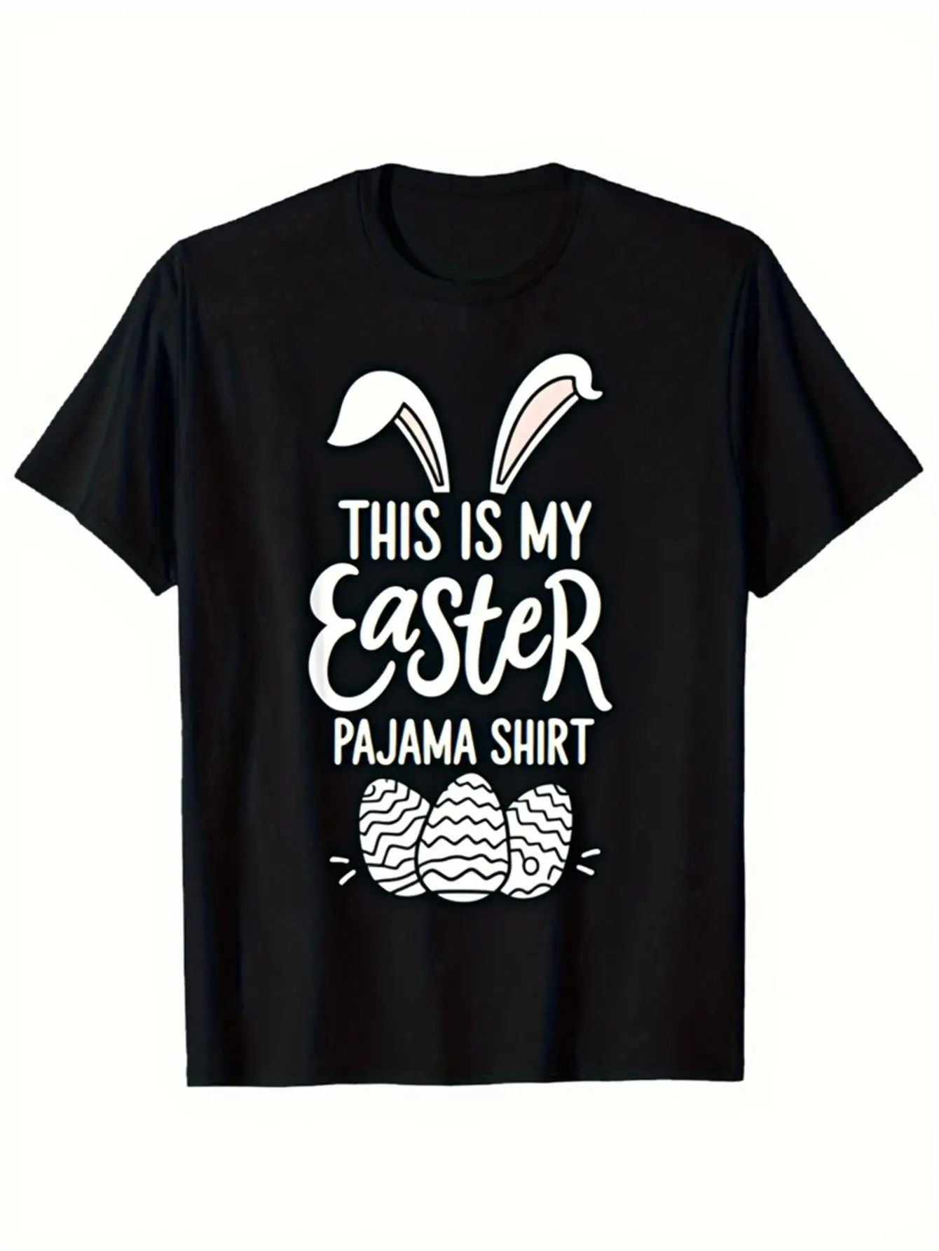 

Black Easter Falalala Shirt with Bunny Ears Print Casual Round Neck T-Shirt for Unisex All-Season Printed Blouse Soft