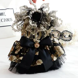Handmade Luxury Pet Dog Clothes Fashion Fine Black Gold Lace Sequin Bow Party Wedding Princess Dress For Small Medium Dog Poodle