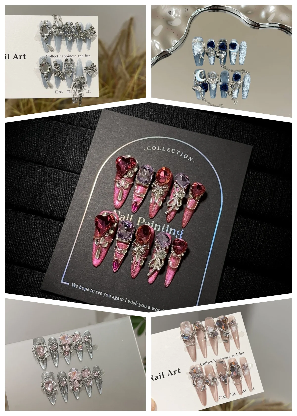 

10PCS Bright Moon Bow Square Diamond Love French Cat Eye Long Almond Fake Nail Sparkling Diamond Design Handmade Nail Tip Art