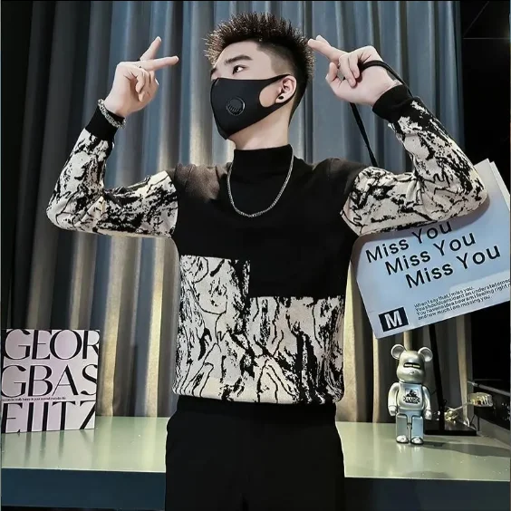 Spliced contrasting Color Casual and Versatile Fashionable Half-high Neck Men's Base Shirt