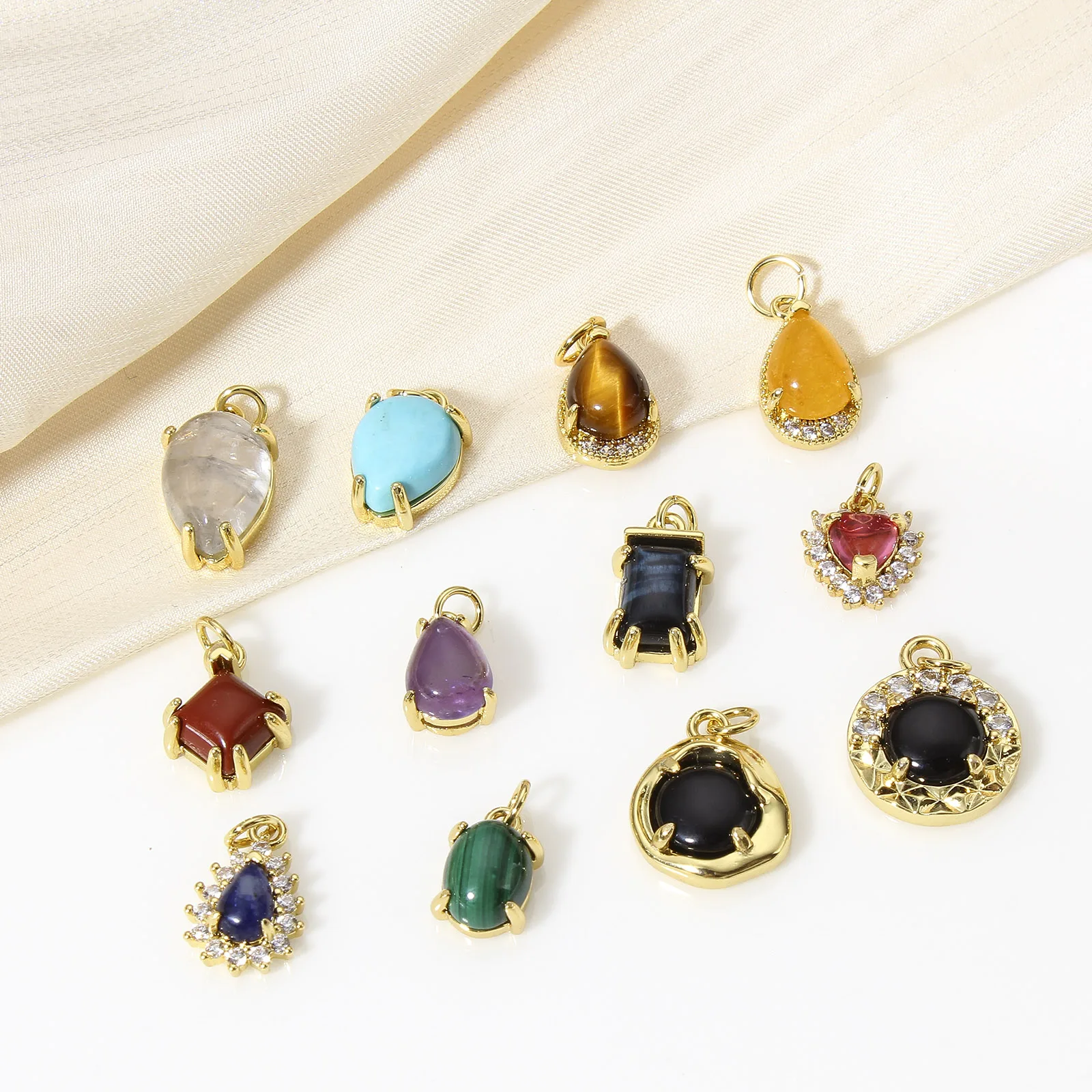1pc Bohemian Style Copper Charms Gold Color Imitation Gemstones Heart Multicolor Pendant DIY Necklace Women Jewelry Findings