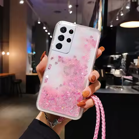 Lanyard Glitter Liquid Silicone Case For Samsung Galaxy S23 S22 S21 S20 FE Ultra S10 Plus Back Cover
