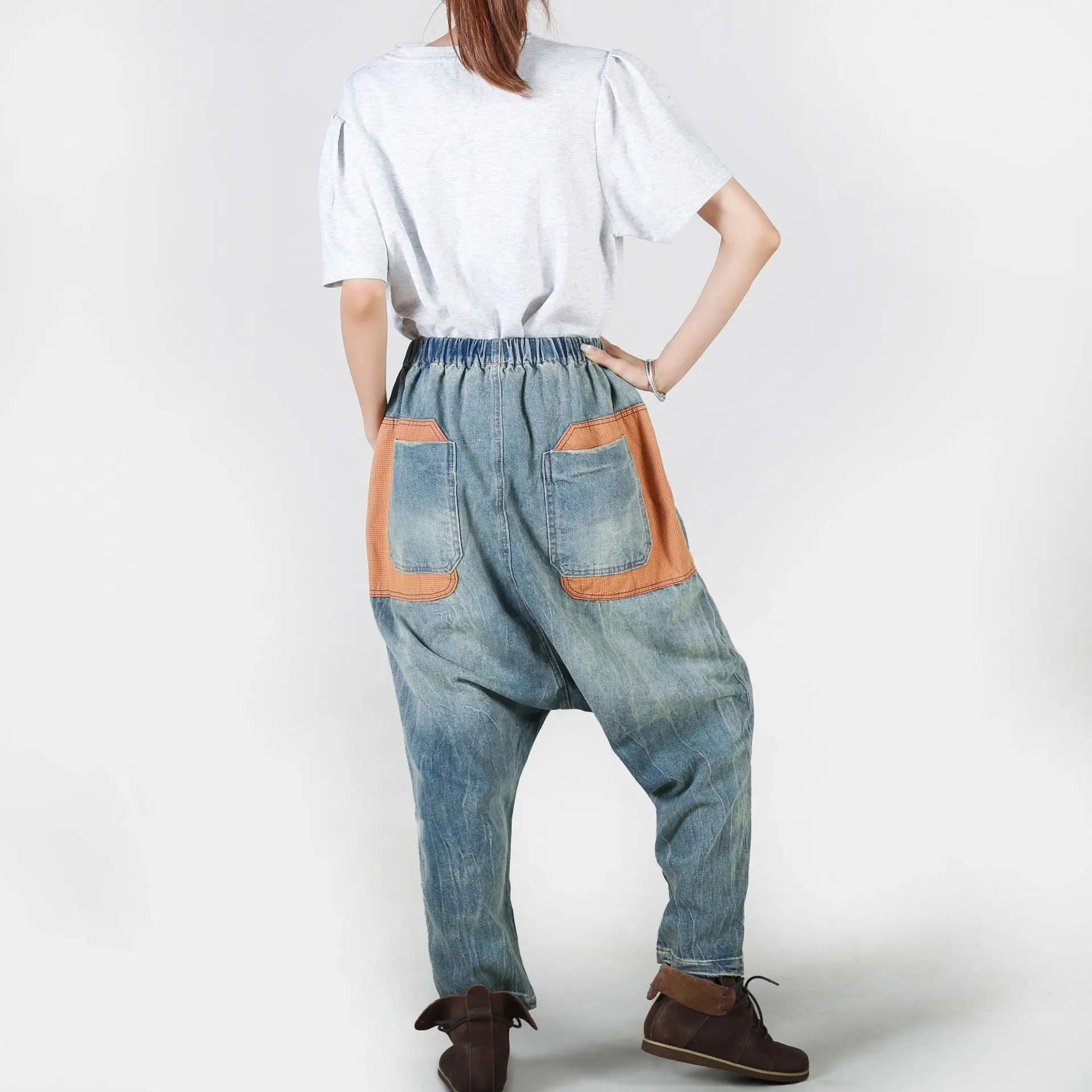 Denim Cross-pants Women Japanese Ripped Hole Patchwork Bloomers Joggers Hip Hop Streetwear Boyfriend  Drop Crotch Harem Jeans