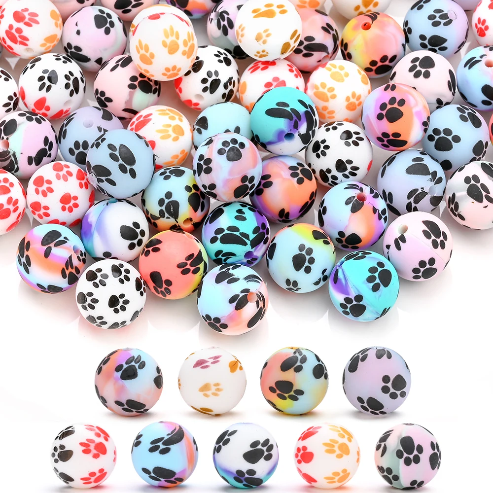 

27 шт. силиконовые красочные круглые бусины с принтом собачьей лапы, фокусная бусина для DIY, цепочка для соски, ожерелье, браслет, изготовление ювелирных изделий