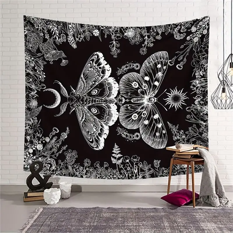 VIKAMA Black and White Sun Moon Moth Butterfly Flower Frame Tapestry Background Cloth Wall Hanging Trendy Room Decoration