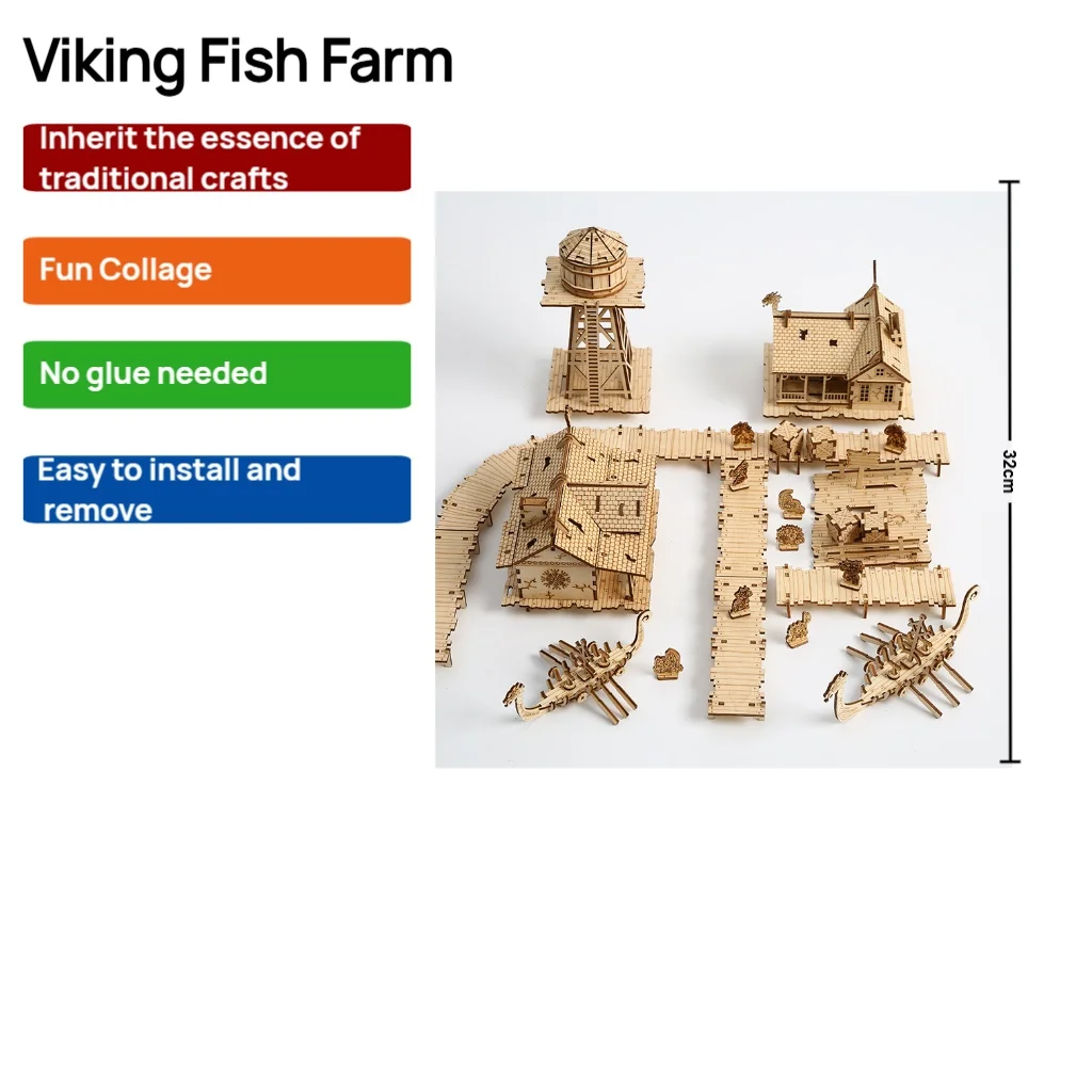 

OUZEY Nordic Fishing Village 3D Puzzle - Viking Style Wooden Model Building Kit, DIY Assembly for Adults & Teens 14+