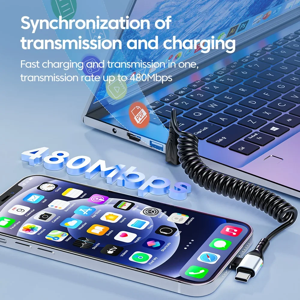 PD 60W Type-c To Type-c 2-in-1 Fast Charging Data Cable USB C Crod for IPhone15 Huawei Car Spring Fast Charger Cable view 3