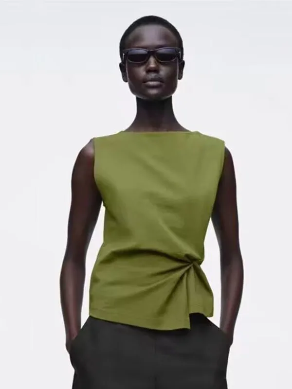 

Ele ort Sve Vest Top Women's Faion Summer New Arrival Slim Fit Boat Ne Pleated Texture Commute Sle Long Skirt