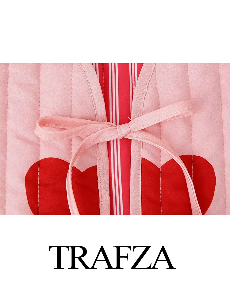 Trafza 2024 weibliche lässige Westen Top rosa Druck V-Ausschnitt ärmellose Taschen Schleife Schnürung dekorieren Sommer Weste Mantel Frau trendy