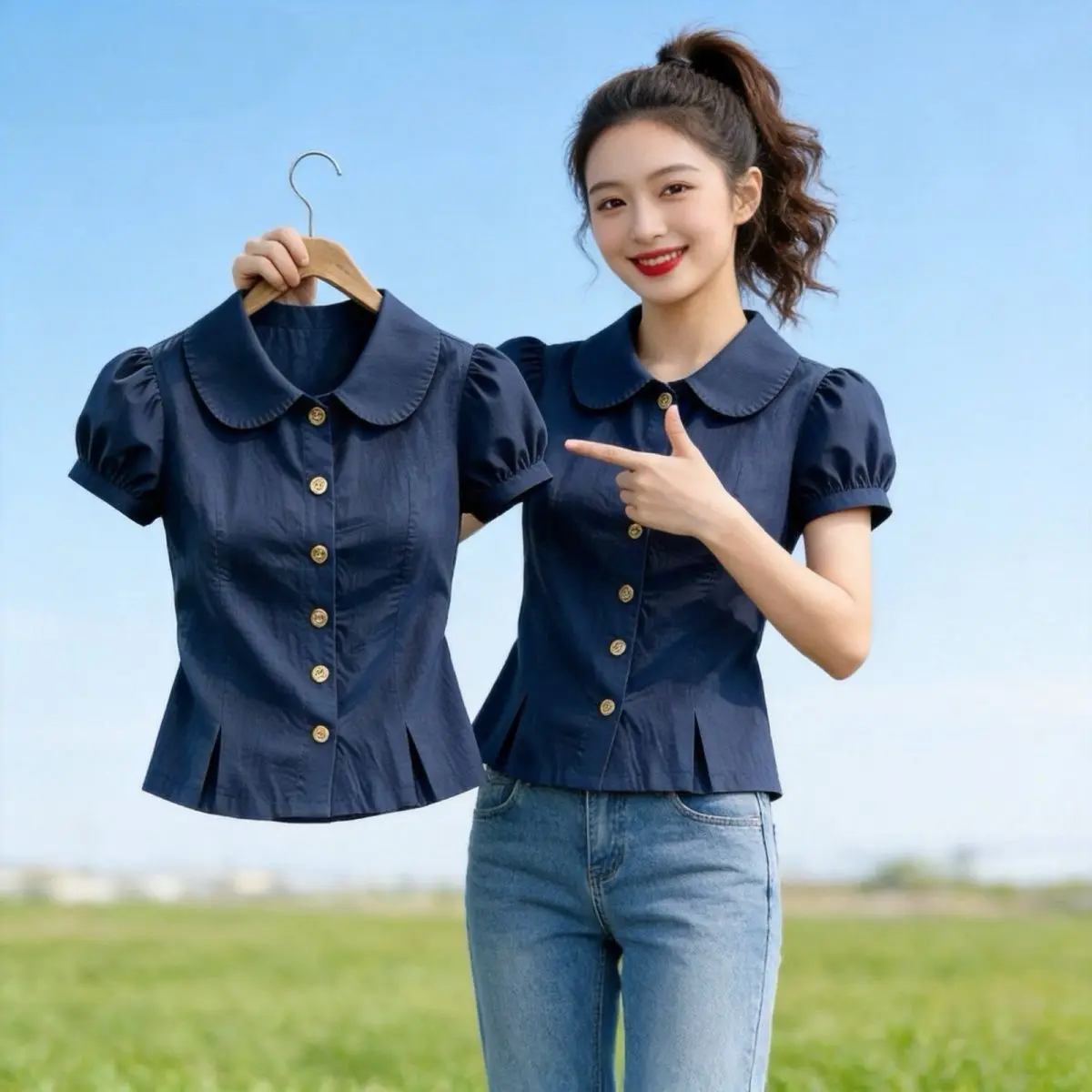 Fashionable  Color Short Sleeve Shirt Women's Summer New Sweet Doll Collar Design Sense Elegance Open Cardigan Top