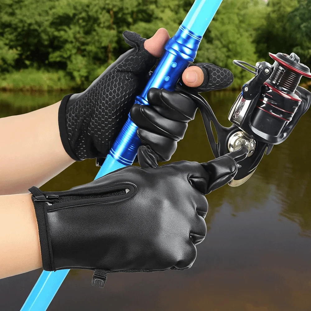 

Warm Gloves PU Leather Men's Winter Gloves with Zipper Fishing Gloves Non-slip Wear-resistant Touchscreen Gloves Sport