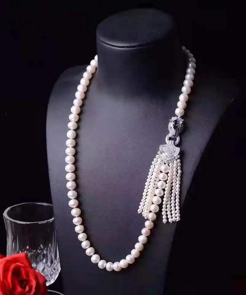 fashion jewelry micro inlaid zircon leopard head accessories 8-9mm white freshwater pearl tassel pendant necklace 65cm long