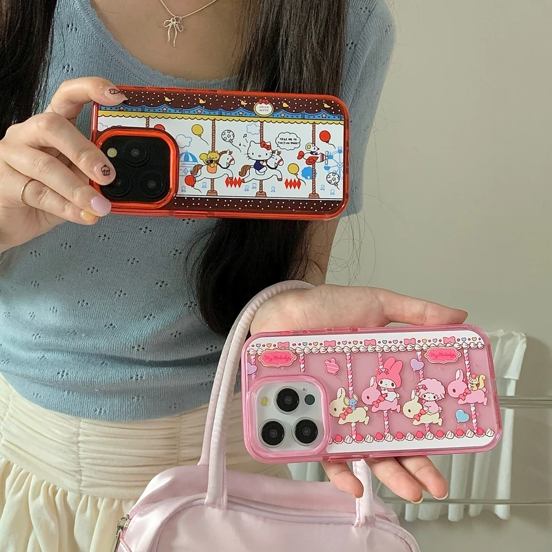 Cute Cartoon Sanrio Hello Kitty Melody Carousel Phone Case For iPhone 15 14 13 12 Pro Max Clear Acrylic Fluorescence Soft Cover