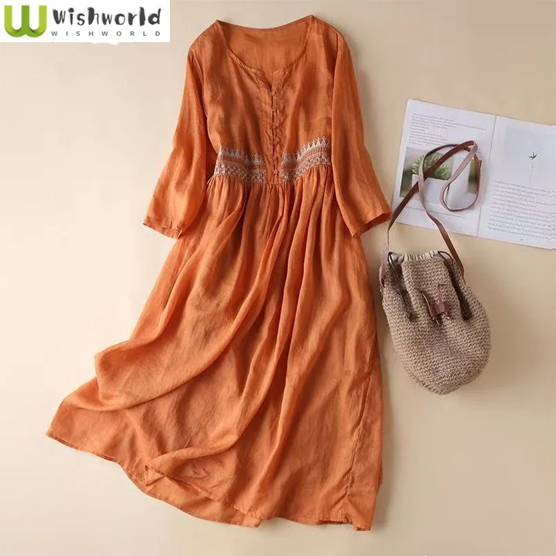 

Summer New Embroidered Dress with Women's Round Neck and Seven Cent Sleeve Mid Length Cotton and Hemp Skirt