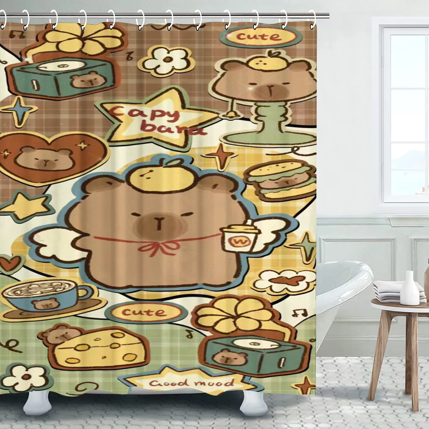 Capybara-Cute Cartoon Shower Screen for Kids, Water Pig, Full Luxury Bath, Anime Hook Up Accessories, Bathroom Sets Gift