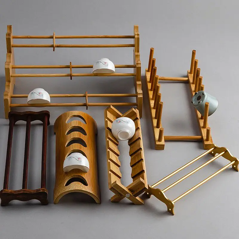 Black Ebony Bamboo Tea Cup Rack Multi-Style  Wood Storage Shelf Home Meeting Cup Drying Stand Tea Set Organizer
