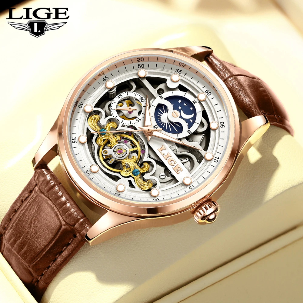 

LIGE новые механические автоматические часы со скелетом, мужские спортивные часы с турбийоном, повседневные деловые наручные часы с луной, Relojes Hombre