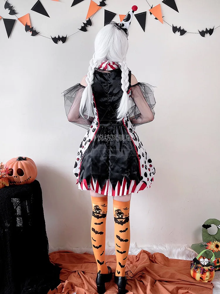 Halloween Costume for Women Clown Witch Cosplay Anime Devil Mesh Dress Circus Disfraz Vestisos 3 Piece Set Y2k Female