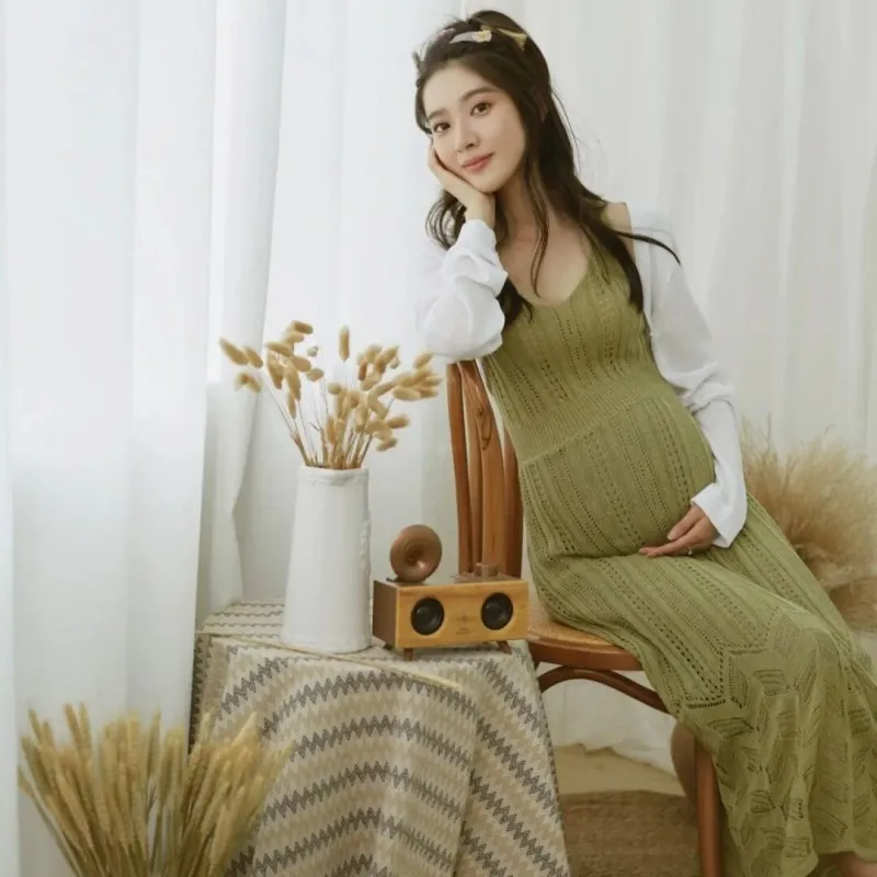 Maternity Dresses Set For Photo Shoot Cardigan+green Knitted Dress Suit Baby Shower Dress Pregnant Woman Photography Props