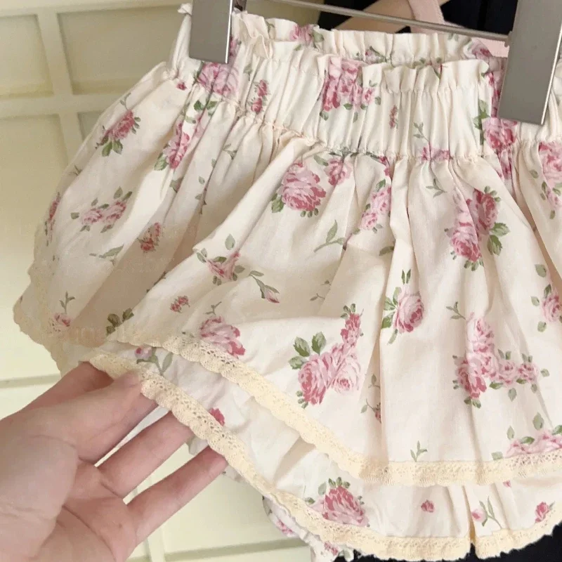 Korean Childrens 2025 New Fashion Summer New Girls Sleeveless Top Sweet Flower Skirt Set Cotton Sweet Girl Clothes Sets