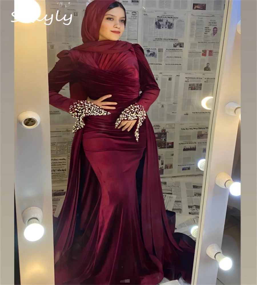 Burgundy Muslim Evening Dress With Detachable Train 2 In 1 Mermaid Beaded Prom Dress Long Sleeve Arabia Dubai Party Customized