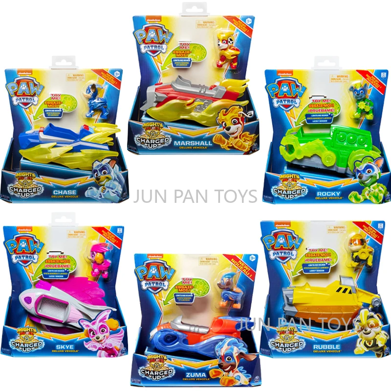 Original Paw Patrol  Mighty Pups Charged Up Action Figure Toys Deluxe Vehicle Rubble Marshall Chase Zuma Skye Kids Toys