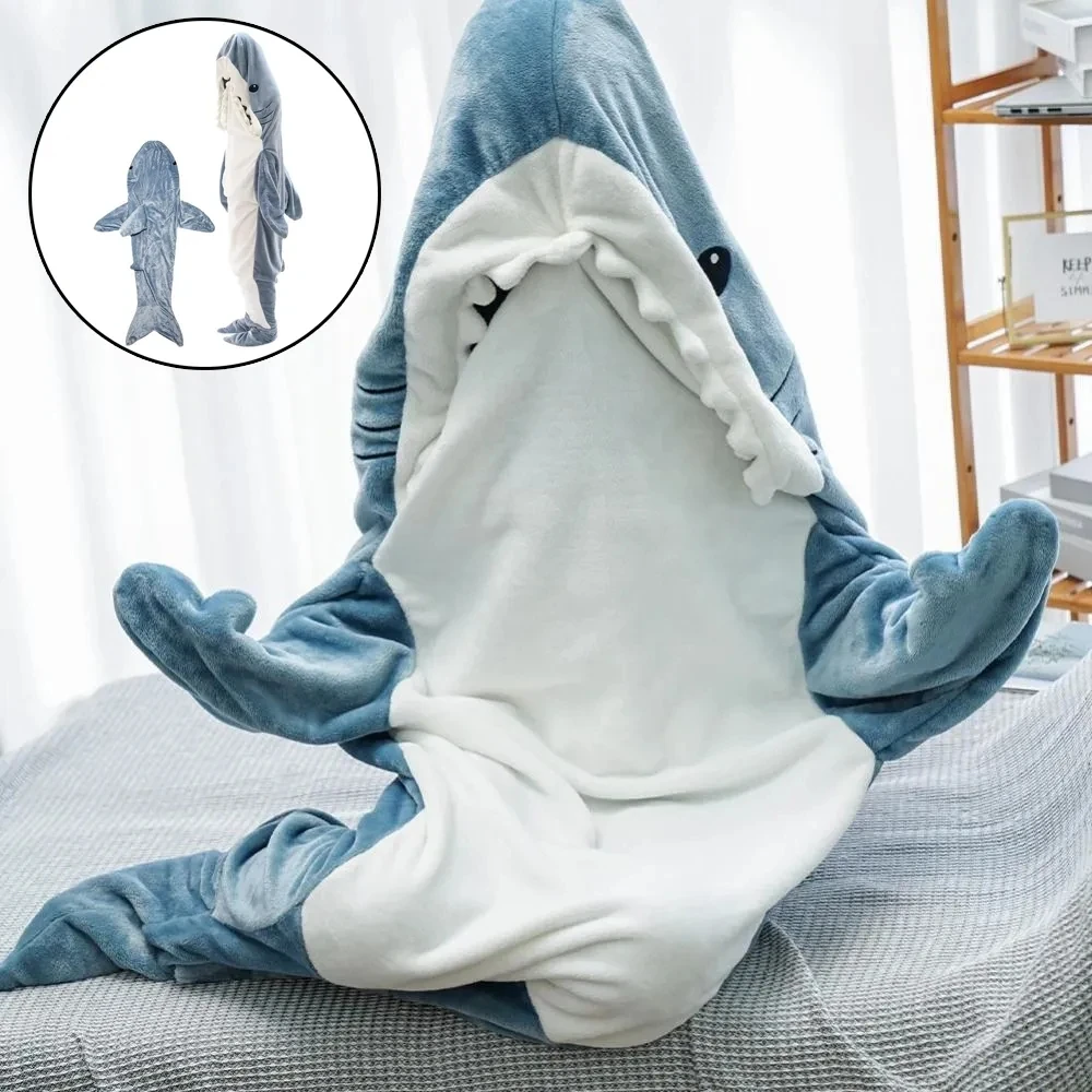 HH TRAF Winter Warm Shark Blankets Hoodie Flannel Pajamas Wearable Plush Sleeping Bag For Children Adult Cozy Shark Pajamas