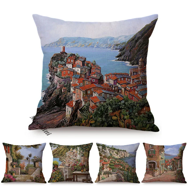 Beautiful Mediterranean Landscape Oil Painting Sofa Decoration Throw Pillow Cover Vintage Seaside Building Scenery Cushion Cover