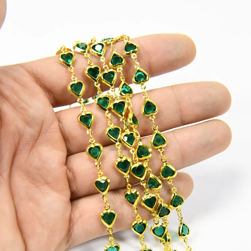 APDGG  5 Meters 7.5mm Green Glass Heart Crystal Gold Plated Copper Fashion Bezel Set Chain Paperclip Neck Necklace Making DIY